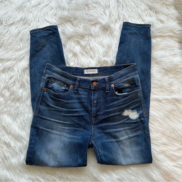 Madewell High Riser Skinny Dark Wash Distressed Ripped Denim Jeans Size 28 - Picture 1 of 6